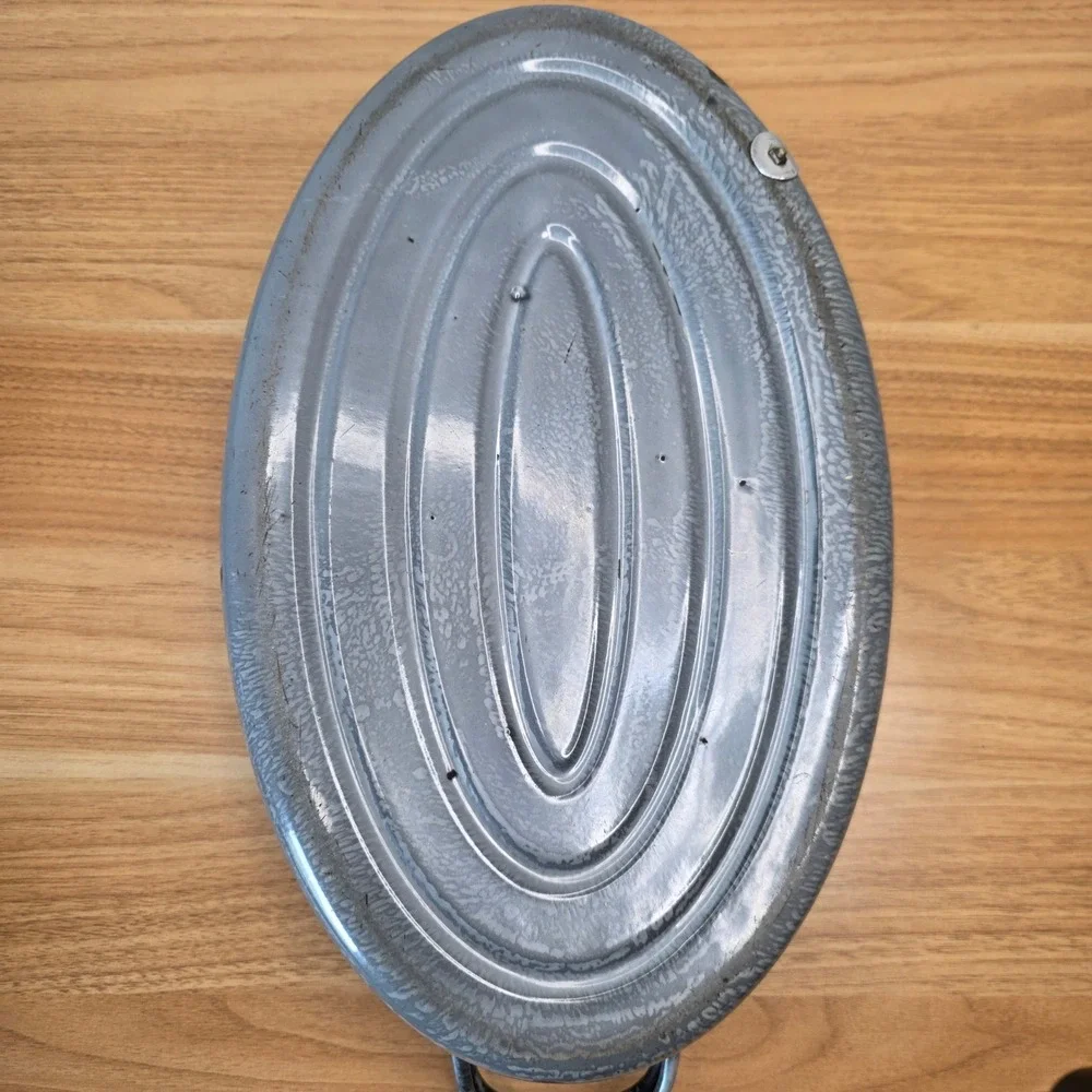 Vintage Gray Enamelware Graniteware Double Handled Roasting Pan Handled Lid